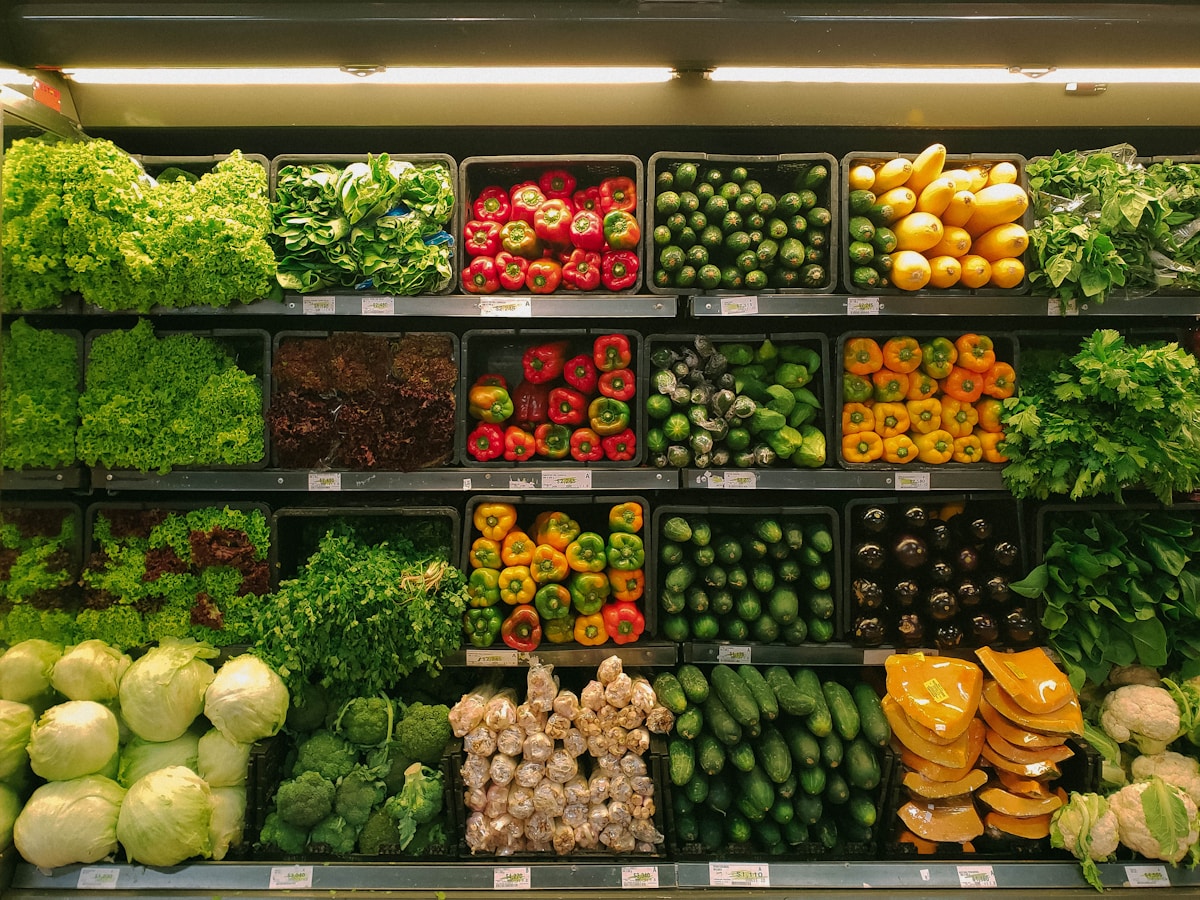 Grocery store shelves stocked with packaged food brands
