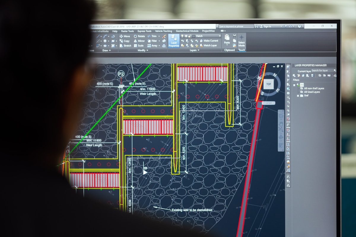An engineer reviewing a complex industrial system design on screen